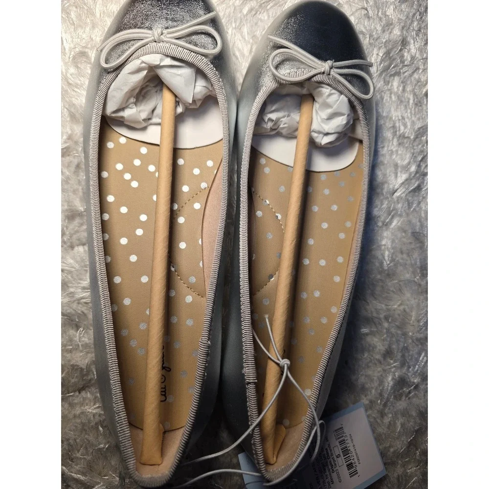 Cat & Jack Girls Metallic Silver Ballet Flats Bow Slip On Dress Shoes Size 5 NEW